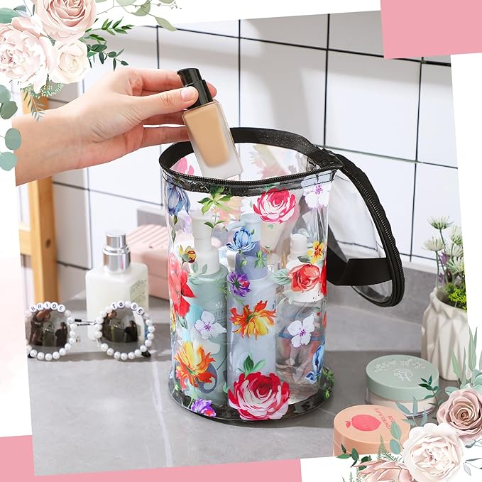 Sanwuta Beach Gifts Heavy Duty Clear Lotion Toiletry Bags for Travel Sunscreen Makeup Cosmetic Pouch Cylinder Bag Waterproof Portable Trip Bag with Handle Zipper(Flowers)