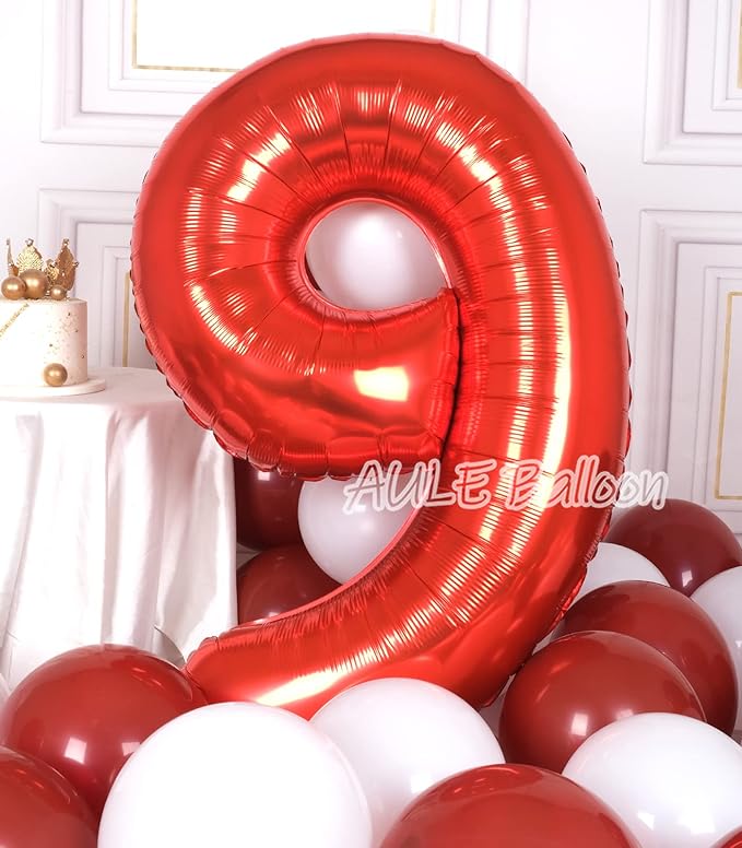 AULE 40 Inch Big Red 9 Balloon Number Large Foil Helium Number Balloons 0-9 Jumbo Giant Happy 9th Birthday Party Decorations for Boy or Girl Huge Mylar Anniversary Party Supplies