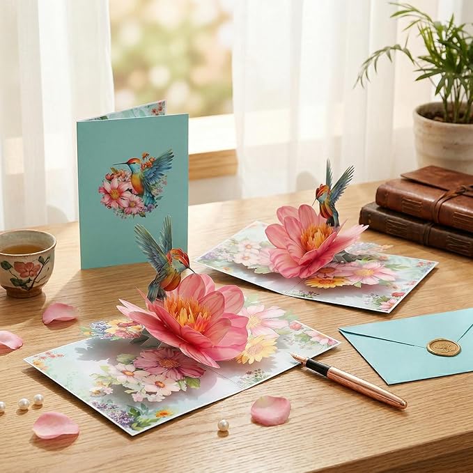 3D Hummingbird and Flower Pop Up Card, 3D Flower Greeting Pop-Up Card for Birthday, Anniversary, Thank You, Mother’s Day, Thinking of You, Nature Lovers Gift for Women and Mom