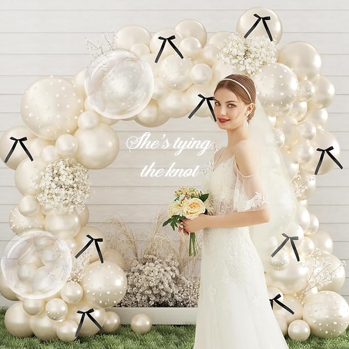 Double Stuffed Pearl Balloon Arch Kit,229Pcs Bow Balloon Arch Kit with Pearl Sticker Bubble Balloons Ribbon Bow for Coquette Bow Theme Birthday Baby Shower Wedding Bachelorette Bridal Shower Party