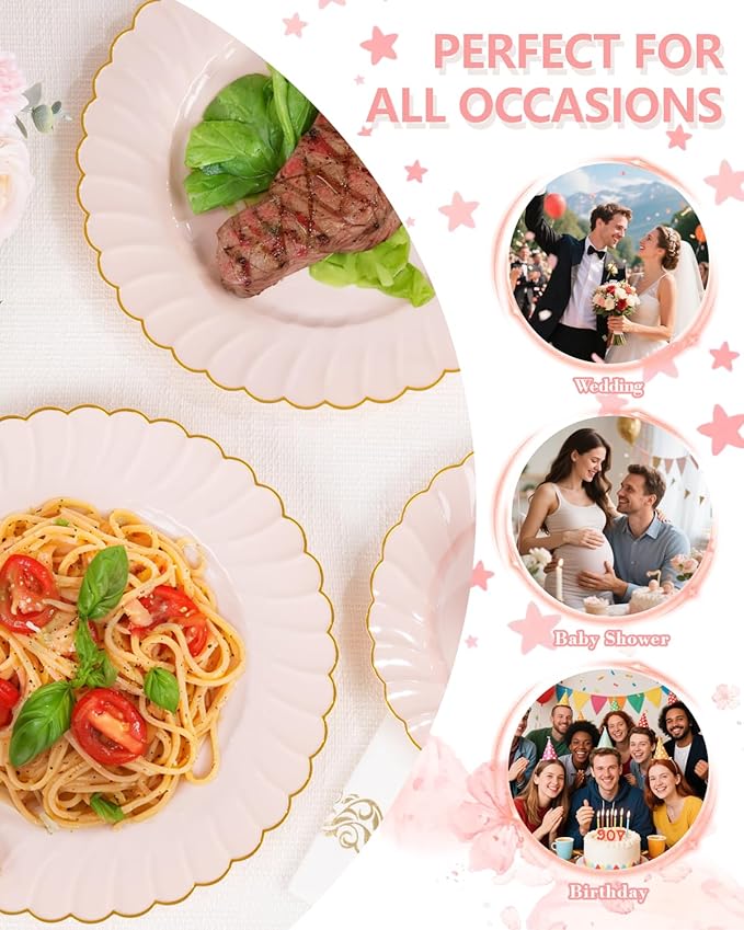 YOUBET 175PCS Pink Scalloped Plastic Plates - Gold Disposable Dinnerware Set Include 50 Plates, 75 Gold Silverware, 25 Cups, 25 Napkins for Party & Wedding & Baby Shower Easter Mothers Day
