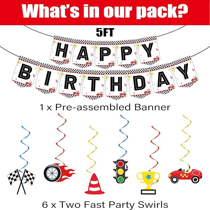 184pcs Two Fast Birthday Party Supplies Set Includes Racing Car Plates Napkins Tablecloth Swirl Banner Tableware Kit Dispose 2nd Birthday Table Decorations Favors, Serve 25
