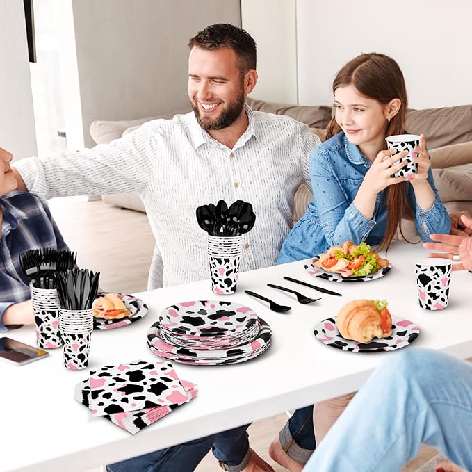 durony 144 Pieces Pink Cow Print Party Tableware Set Including Cowgirl Pink Cow Party Plates Cups Napkins Forks Serves 24 for Baby Shower Farm Cow Party Decorations