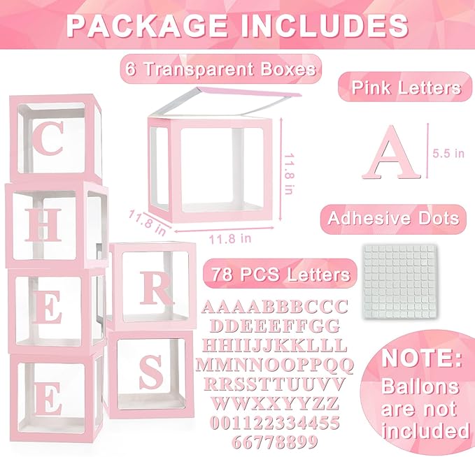Ledido Transparent Balloon Boxes With 78 Letters Numbers, Pink Baby Boxes with Letters for Baby Shower Clear Letter Boxes for Party Wedding Birthday Baby Shower Grad Decorations 6 PCS