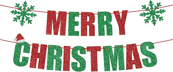 Red and Green Glitter Merry Christmas Banner, Feliz Navidad Banner Christmas Party Supplies, Indoor Xmas New Year Party Decorations Supplies