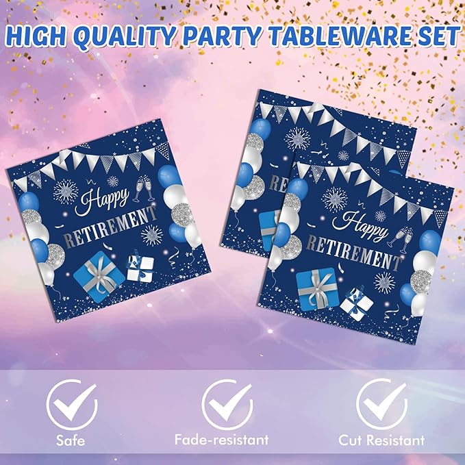 Retirement Party Decorations for Men Women Blue Silver Happy Retirement Plates and Napkins Disposable Dinnerware Tableware Decorations Supplies | Serve 20