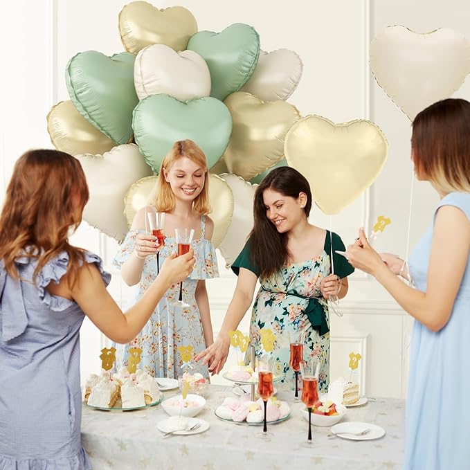 Sage Green Gold Heart Balloons,12Pcs Light Gold Heart Shaped Foil Balloons,18Inch Cream White Helium Balloon for Baby Shower Birthday Anniversary Wedding Party Decorations