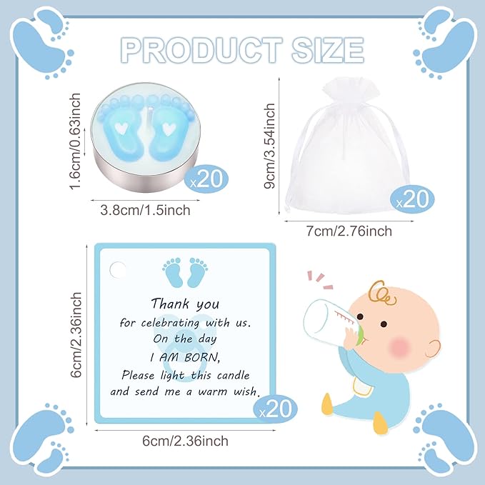 Treela 20 Sets Baby Shower Party Favors Blue Tea Lights Candles with Organza Bag for Guests Cute Feet Shaped Burning Thank You Tags Return Gifts Keepsakes for Baby Shower Gender Reveal Party