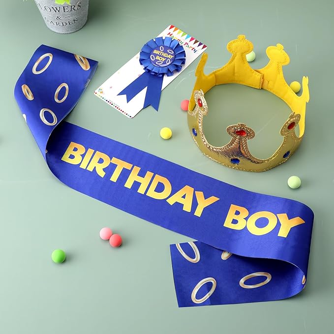 Norme 3 Pcs Blue with Gold Ring Birthday Sash King Crown and Button Pin Blue Golden Rings Cartoon Themed Birthday Party Accessory Set for Party Supplies Favors