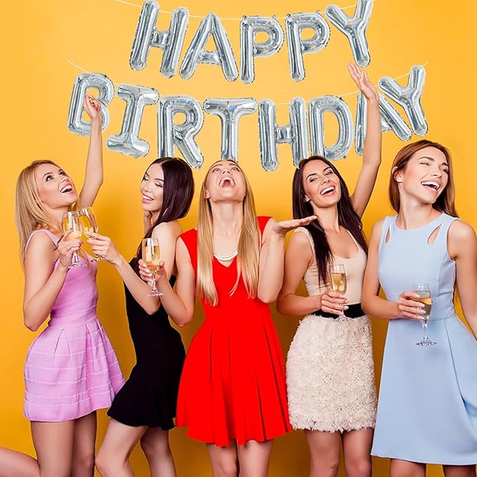 TONIFUL Laser Silver Happy Birthday Balloon Banner 16 Inch Mylar Foil Letters Birthday Sign Bunting Reusable for Girls Boys Kids & Adults Birthday Decorations and Party Supplies