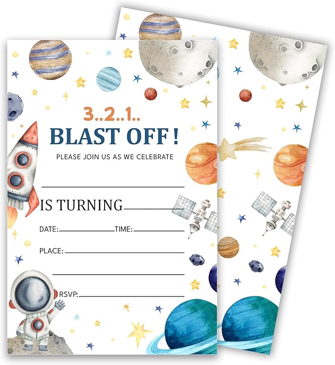Space Birthday Party Invitations, Astronaut Outer Space Theme Invitation Cards with Envelopes, Fits for Boys Girls Teen, 20 Count Double Sided Printed & Fill In Blank-4 x 6, Party Supplies