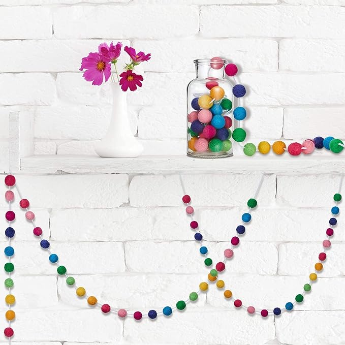 Boao 2 Pieces Wool Felt Ball Garland Colorful Pom Pom Garland Handmade 6.5 Feet Long 24 Balls Felt Banner for Wall Christmas Tree Decoration (Rainbow)