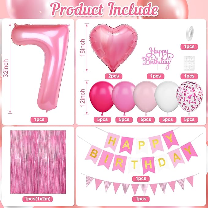 7th Birthday Decorations for Girls: Hot Pink Balloons, Happy Birthday Banner, Fringe Curtain, Cake Topper, Heart Balloons