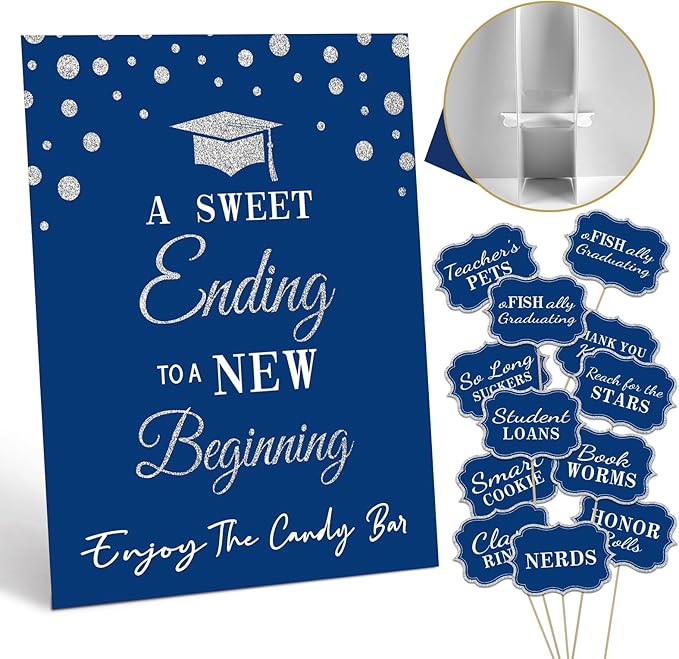 Graduation Candy Buffet Labels for Grad Party Decorations, Graduation Candy Bar Dessert Food Label Signs Set, Class of 2026 Grad Parties Table Decor Supplies (Blue and Silver)