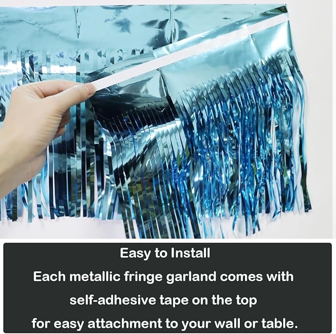 3 Pack Total 30 Feet Foil Fringe Garland Light Blue Metallic Wall Hanging Drapes Tassel Skirting Teal Tinsel Streamers for Parade Float Trailer Mardi Gras Party Birthday Wedding (Turquoise)
