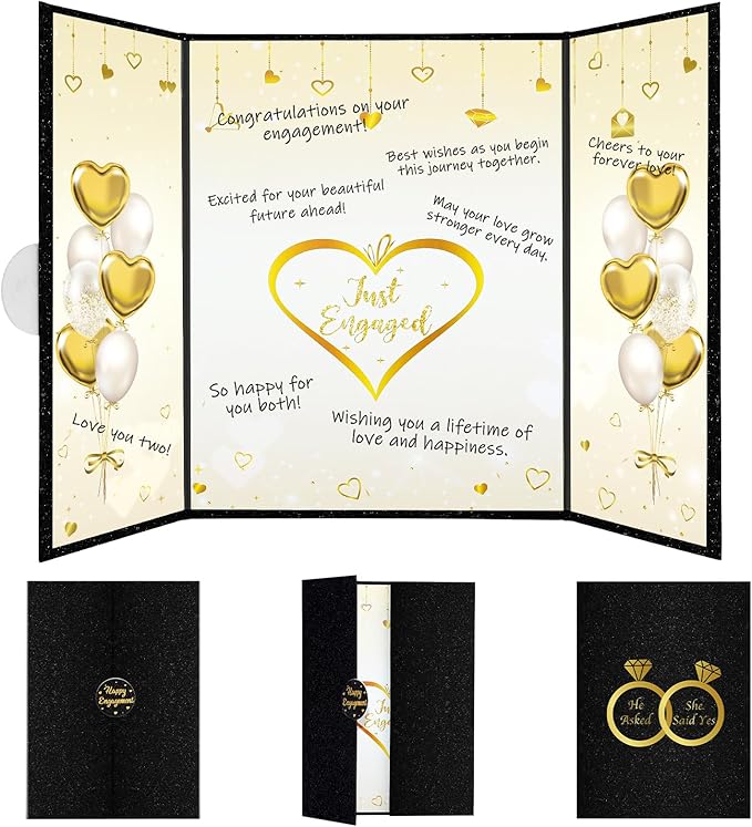 WSICSE Black Gold Engagement Party Decorations, Happy Engagement Signature Guest Book for Men Women Large Engagement Guestbook Gifts Signing Card Board Party Supply(16.7" × 11.8")