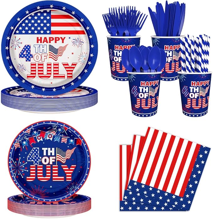 192pcs American Flag Patriotic Party Decorations for Happy 4th of July Plates, Cup, Napkin, Tableware, Independence Day Party Supplies Plates Serve 24 Guests