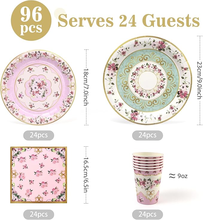 96pcs Tea Party Plates and Napkins Cups Fancy Paper Plates Round Disposable Tableware Set for 24 Guest Gold Border Retro Gorgeous Picnic Wedding Kids Birthday Party Supplies Decorations