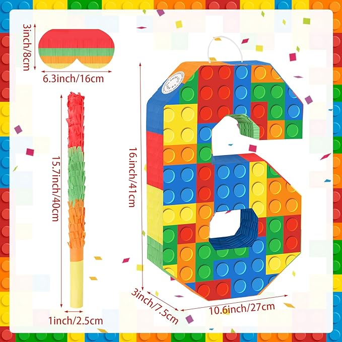 Number 6 Pinata Building Blocks 6th Birthday Party Decorations with Stick Blindfold for Kids Girls Boys Fiesta Carnival Games Happy Birthday Anniversary Celebration Party Supplies