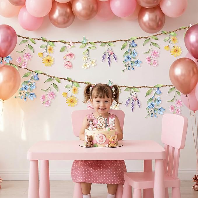 2 Pcs Wildflower Garland, Wildflower Party Decorations Reusable Garden Flower Banner for Baby Shower Birthday Spring Supplies Fresh Off the Market Bridal Shower Girl Party