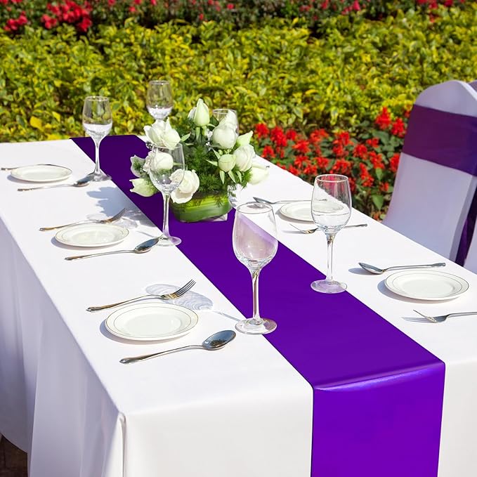 12Pack 12x108 Inch Satin Table Runner and 54x108Inch Plastic Tablecloths Set White Purple Disposable Rectangle Table Cover for Graduation Wedding Bridal Shower Anniversary Birthday Party Decorations