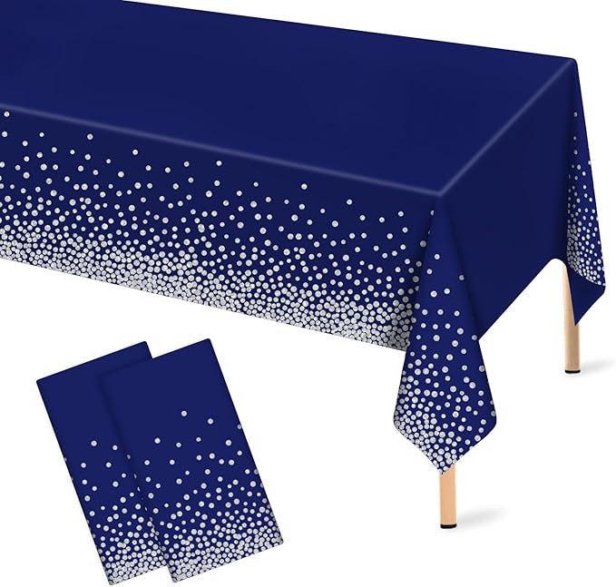 Mulbozy 2 Pcs Navy Blue Plastic Tablecloth Silver Dot Blue Table Cloths, 54×108 inches Disposable DarkBlue Table Cover for Anniversary Friendsgiving Fine Dining Graduation Party Decoration