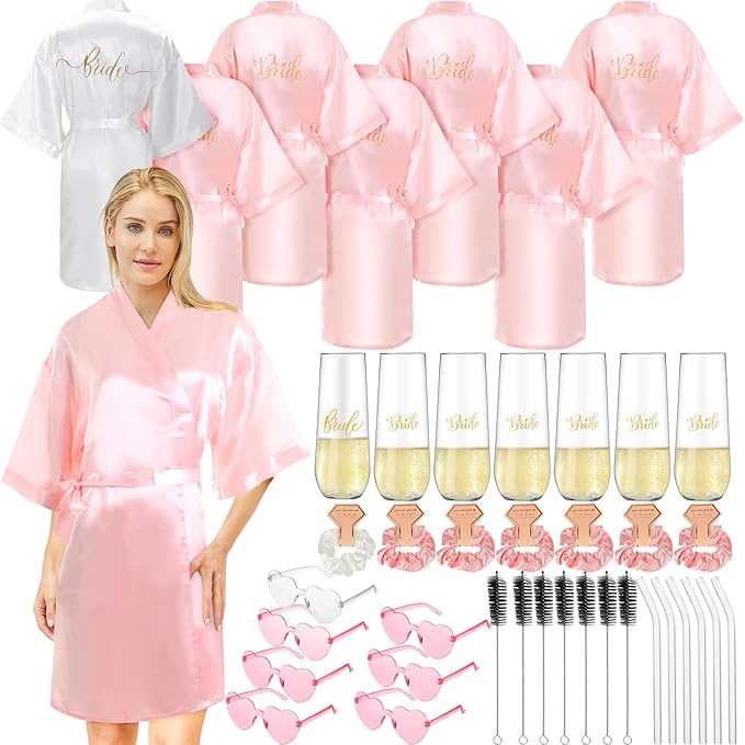 Panitay 42 Pcs Bridal Robes Sets Bride Robes Bridesmaids Proposal Gift Heart Sunglasses Champagne Flutes for Wedding Party