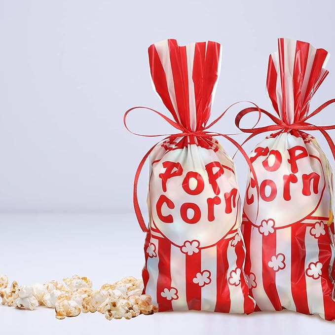 Outus 100 Pcs Popcorn Bags for Party Popcorn Treat Bags Red and White Stripe Carnival Candy Containers with a Roll of Red Ribbon for Circus Carnival Party Birthday Favor
