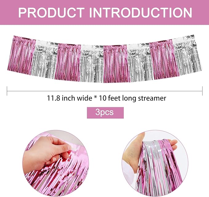BEISHIDA 3 Packs Metallic Foil Fringe Garland Pink Silver Wall Hanging Tinsel Fringe Banners for Car Floats Birthday Baby Bridal Shower Wedding Graduation Holiday Party Decoration(30 Feet)