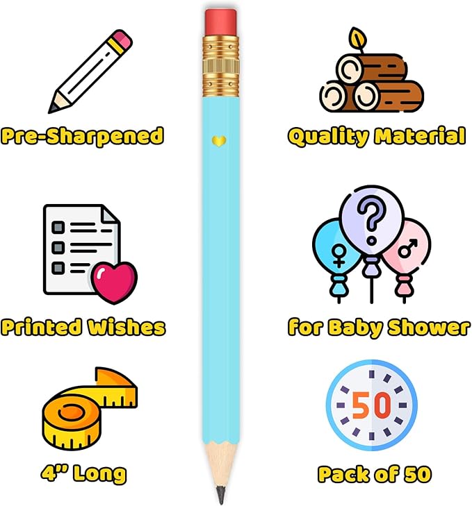 50Pcs - Baby Shower Sharpened Half Pencils with Erasers, Pre-sharpened Pencils for Baby Shower Games, 4 Inches