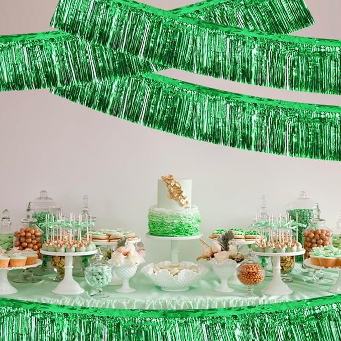 BEISHIDA 3 Packs Metallic Foil Fringe Garland Green Wall Hanging Tinsel Fringe Banner for Halloween Christmas Car Floats Bridal Shower Wedding Birthday Easter Graduation Holiday Party Decoration 30 Ft