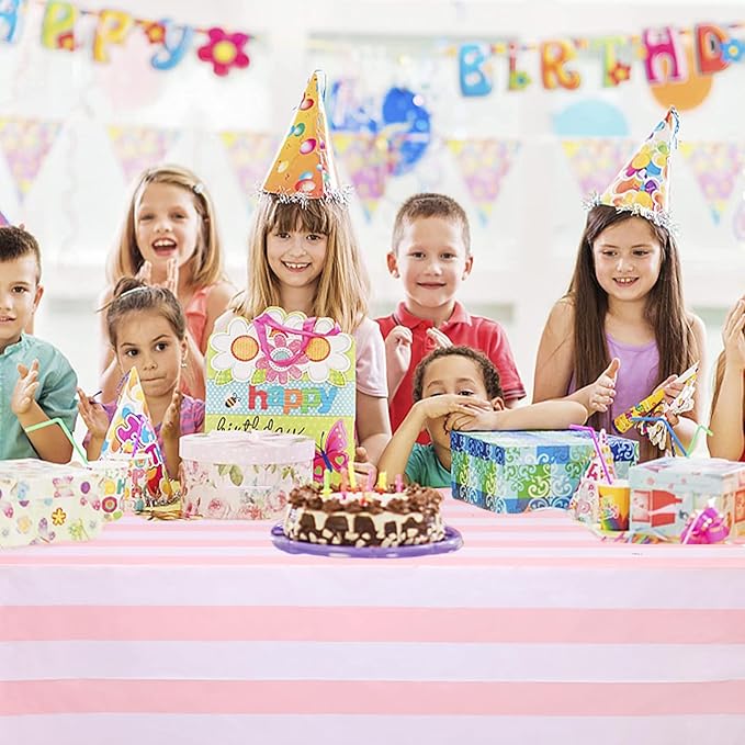 Kesfey 5 Pack Pink and White Vertical Striped Tablecloth - 54 x 108 Inch Waterproof Pink Striped Picnic Table Cover for Birthday Party