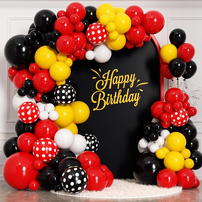 175Pcs Red Yellow Black Balloon Garland Arch Kit - Cartoon Mouse Theme Party Decorations with 18 12 10 5 Different Sizes Party Balloons for Birthday Anniversary Baby Shower Backdrop Decorations