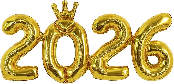 TONIFUL 2026 Gold Crown Foil Number Balloons 16 Inch Gold Number Banner 2026 Graduation Aluminum Foil Mylar Balloons for New Year Eve Christmas Anniversary Party Supplies