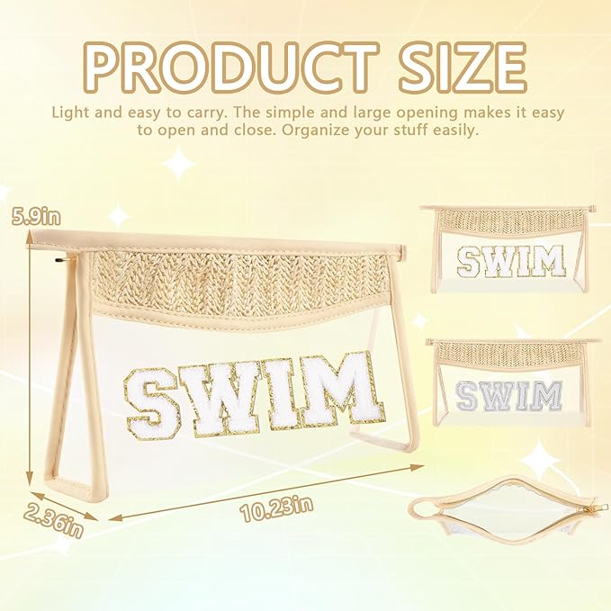 Iqimott Clear Patch Makeup Letter Bag, Boho Letter Bag for Beach Swim, Waterproof Zipper Make up Bags Toiletry Pouch for Women Girls, Clear Patch Cosmetic Bags Organizer Pouch for Travel(Swim, Beige)