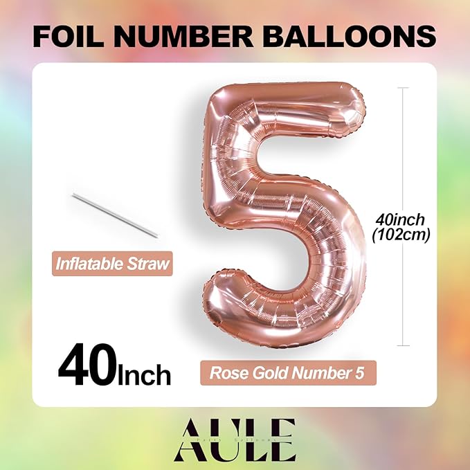 AULE 40 Inch Big Rose Gold 5 Balloon Number Large Foil Helium Number Balloons 0-9 Jumbo Giant Happy 5th Birthday Party Decorations for Boy or Girl Huge Mylar Anniversary Party Supplies