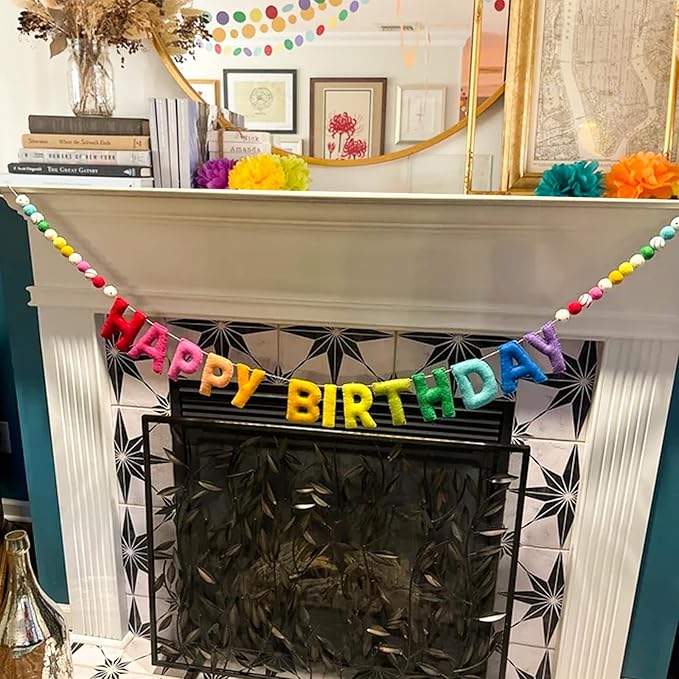 Pre-Strung Happy Birthday Banner - Felt Ball Garland - Reusable HAPPY BIRTHDAY Garland, Rainbow Party Decorations, Personalized Holiday Sign for Party Decor, Kids Room Decor, Photo Prop (Rainbow)