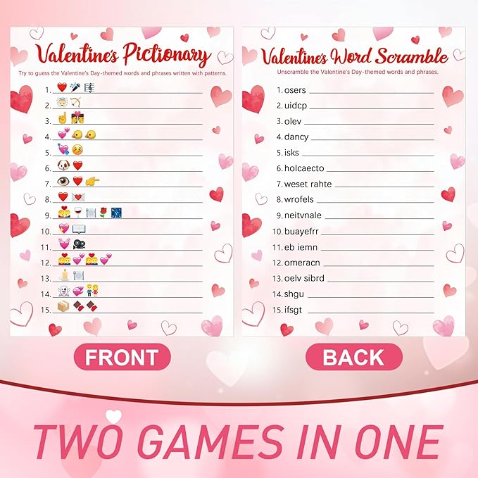 COCHIE 30 Players Valentine's Party Games for Adults Family Office Large Groups, Valentines Parties Words Pictionary Game, Phrases Guesstures Game, Word Scramble Games with Answer Key