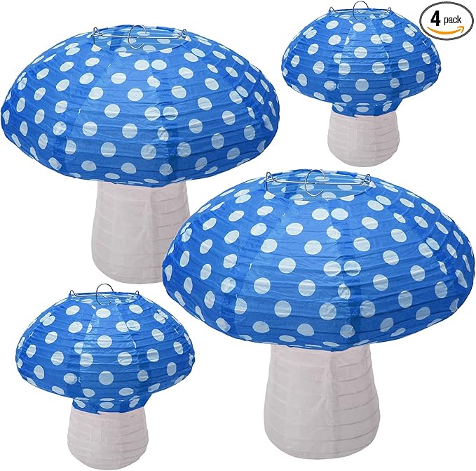 4Pcs Mushroom Shaped Paper Lanterns - Large Mushroom Shaped Lanterns For Nursery, Garden, Christmas Party Decoration - 8 inch, 12 inch (Blue)