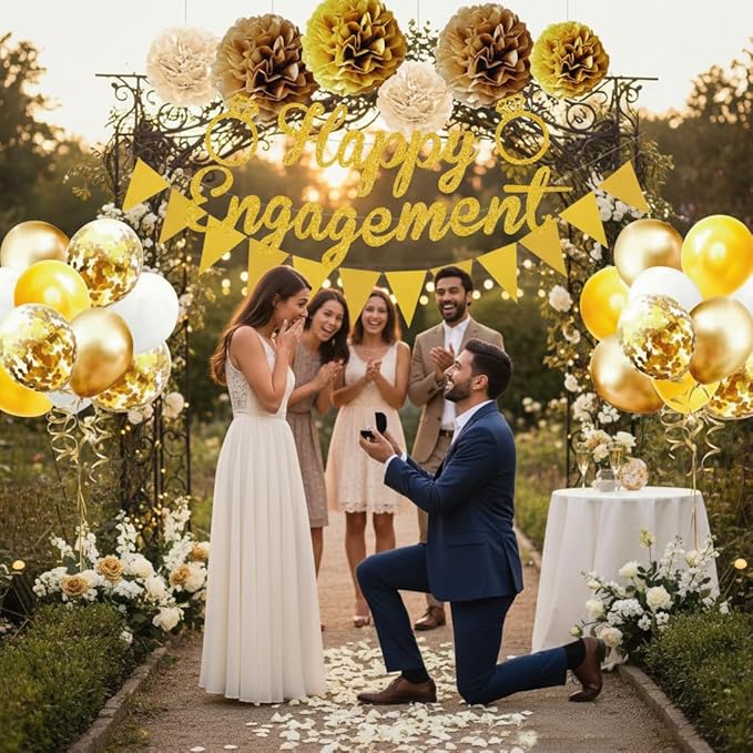Engagement Party Decorations Set - Complete Kit with Gold “Engaged” Banner, Garland, 20 Balloons & 6 Pom Poms for Proposal & Engagement Celebration DecorComplete (Gold)