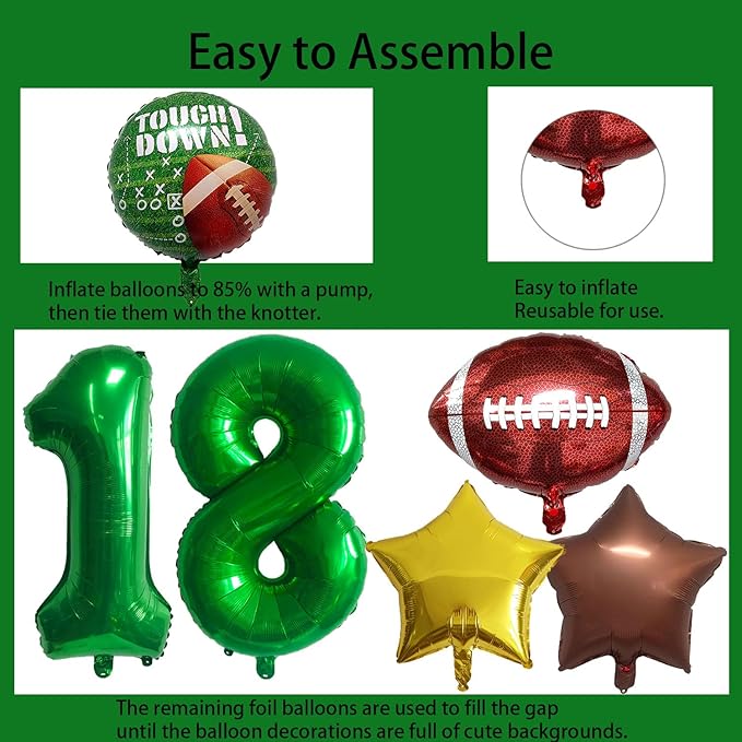 Football Balloons Foil Football Birthday Decorations Balloons Green Number 18 Balloon Gold Brown Star Touchdown Ballons for Rugby Birthday Decorations Sports Ballons Arch Kits Party Balloon Sets 10pcs