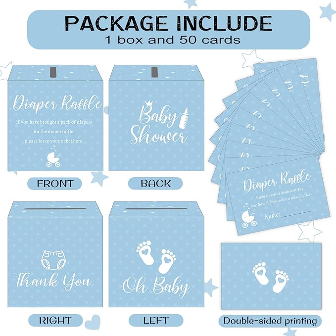 Funrous 51 Diaper Raffle Tickets with Box for Baby Shower Game Invitations Diaper Raffle Card for Gender Reveal Baby Shower Party Decoration Table Centerpiece(Lake Blue)