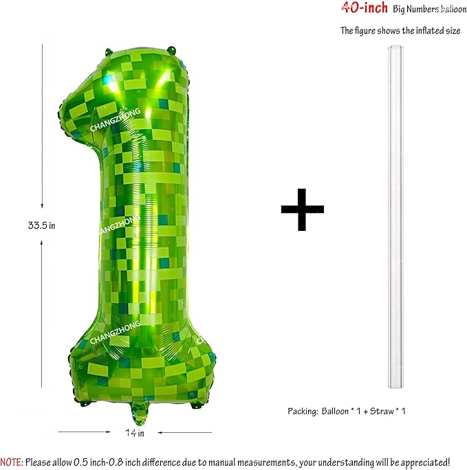 40 inch giant Green pixel miner game number 1 balloon Large mining theme foil balloon 0-9 Suitable for pixel game parties children's birthdays party anniversary celebrations baby shower decoration