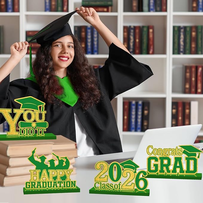 4Pcs Graduation Decorations Class of 2026 Wood Table Centerpieces Congrats Grad Wooden Sign Graduation Table Toppers Congratulate Tiered Tray Decor for 2026 Graduation Party (Green-Gold)