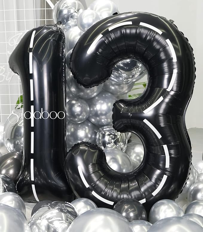 Race Car 40Inch Black 13 Balloon Number Large Helium Race Track 0-9 Giant Digital 13th Foil Mylar Big Party Number Balloons for Boy Birthday Car Theme Party Anniversary Graduation Decorations