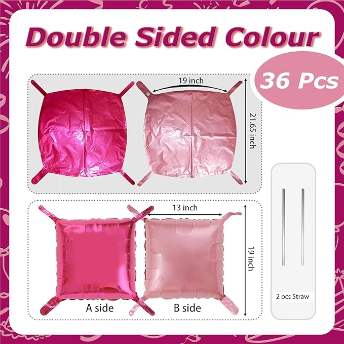 36PCS Square Foil Balloon Wall Backdrop,19 inch Double-Sided Metallic Balloons for Party,Wedding,Anniversary,Birthday,Graduation,Halloween,Shiny Balloon Decor (Pink&Magenta)