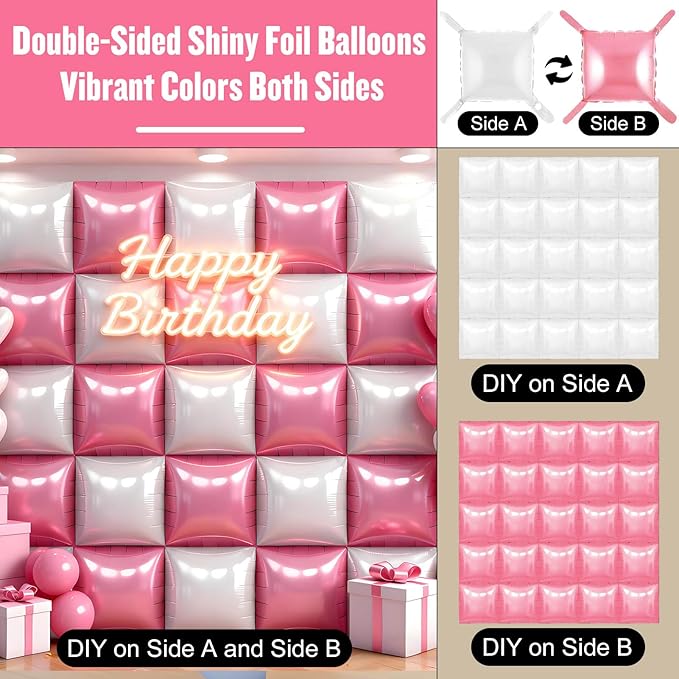 50Pcs Pink and White Square Foil Balloons Wall Backdrop, Double Sided Metallic Foil Balloons Tunnel Arch Garland Kit for Photo Booth Birthday Wedding Halloween Christmas Party Decorations