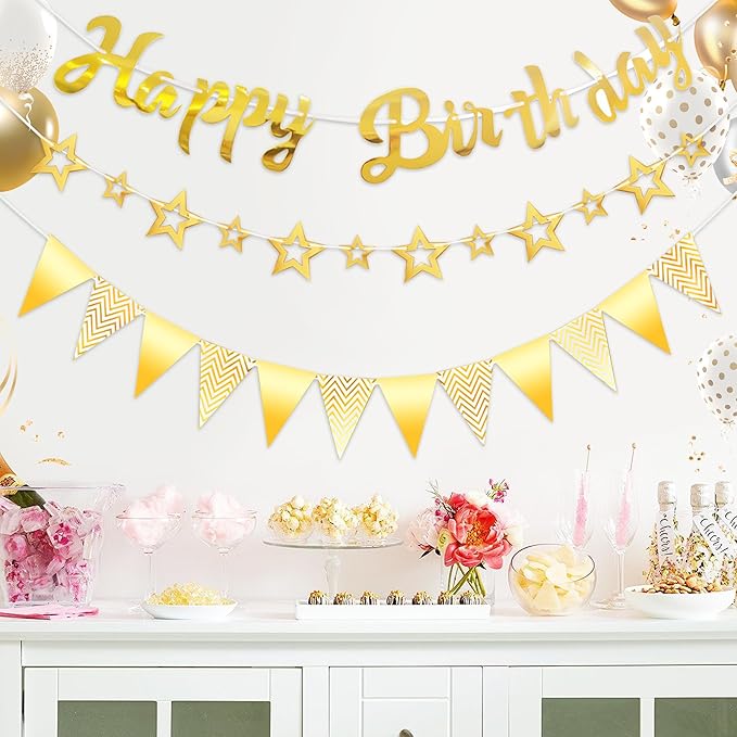CANREVEL 3 PCS Gold Happy Birthday Banners, Hanging Stars Garland and Pennant Banner Flags, Gold Party Decorations, Golden Birthday Party Supplies for Women Men Girls Boys Adults