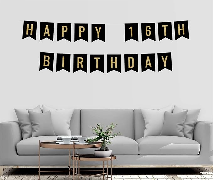Andaz Press Faux Gold Glitter on Black Birthday Party Banner Decorations, Happy 16th Birthday, Approx 5-Feet, 1-Set, Birthday Colored Hanging Pennant Decor