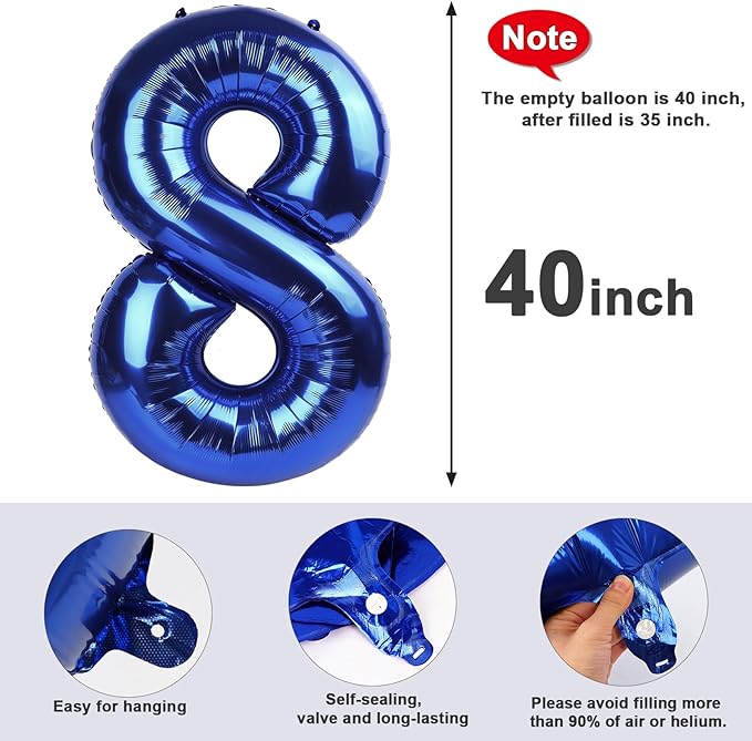 40 Inch Number 8 Balloon, Navy Blue 8 18 28 80 Birthday Balloons for Men Boys, 8th Birthday Decorations Party Supplies, Wedding, Graduations